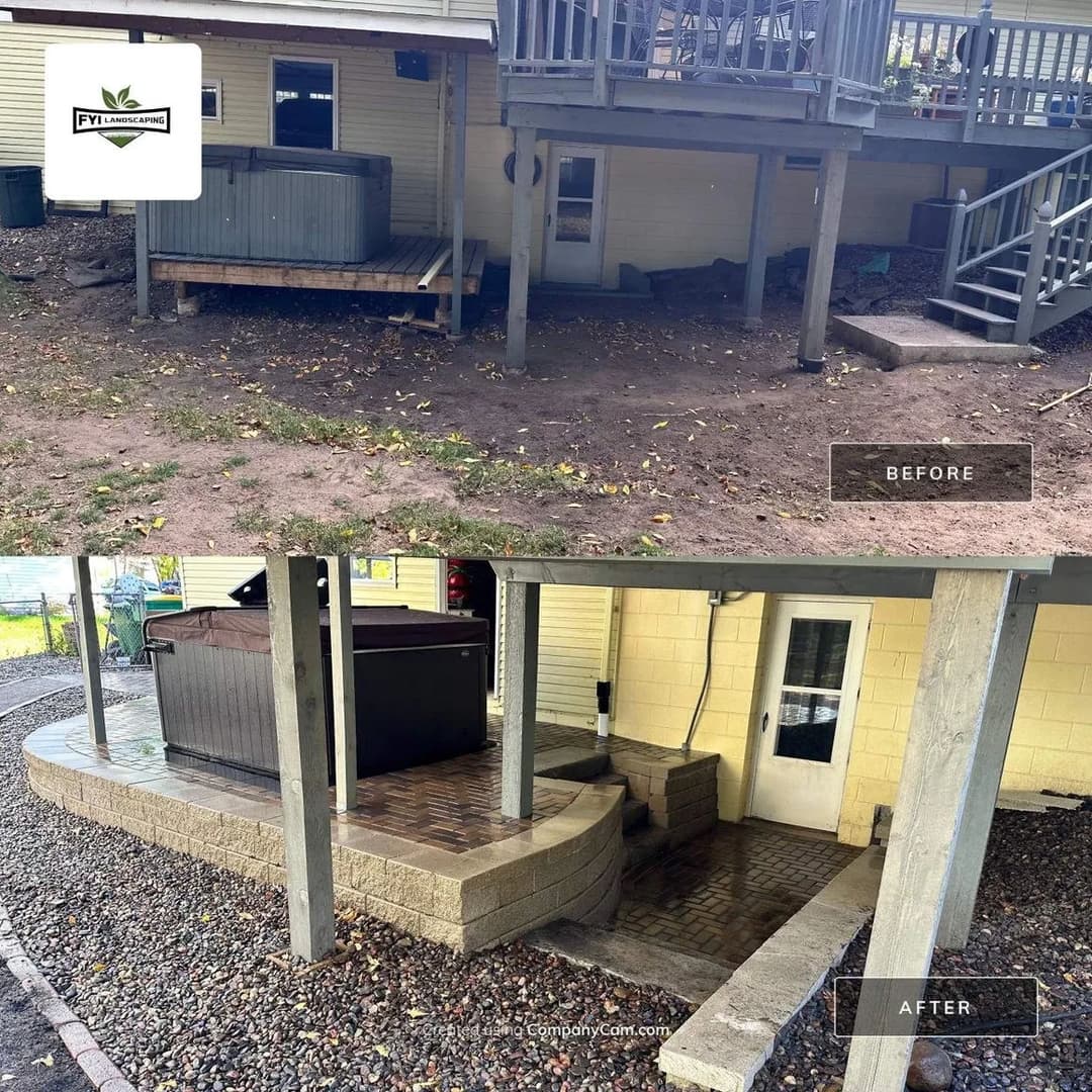 Before and after transformation of a backyard patio, featuring improved landscaping and design.