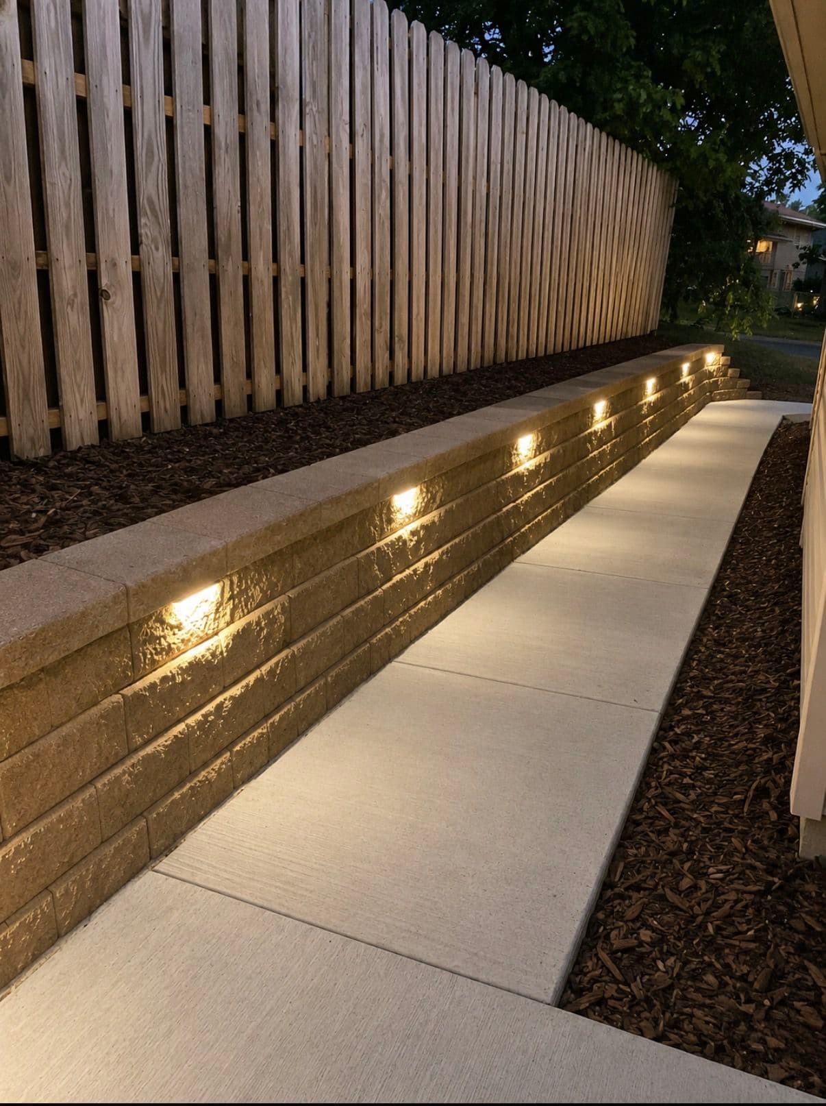Gallery photos for Sloped Side Yard Turned Into a Lit Walkway and Retaining Wall: Image #2